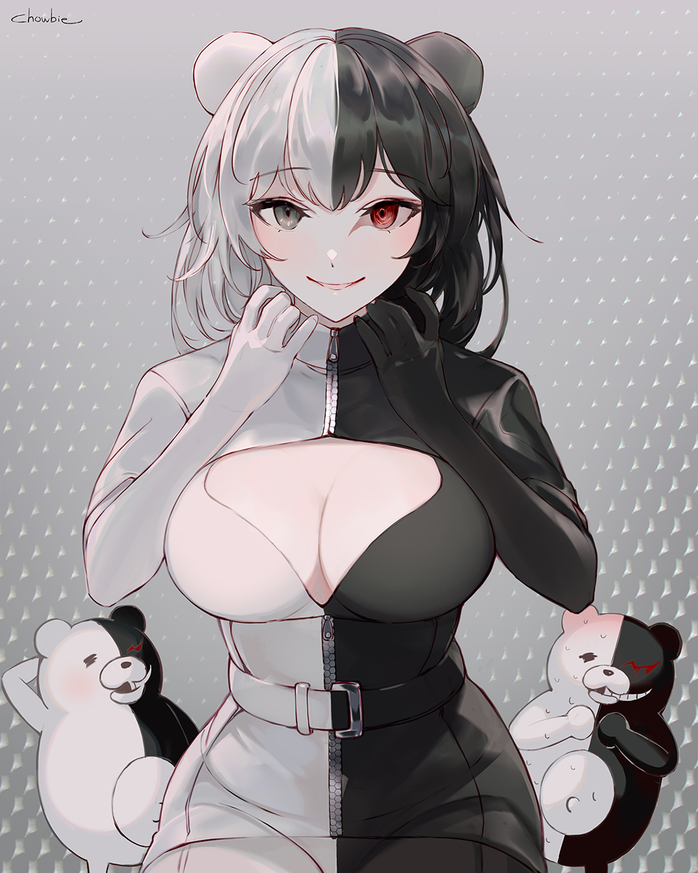 1boy, 1girl, animal_ears, artist_name, bear_ears, belt, black_belt, black_eyes