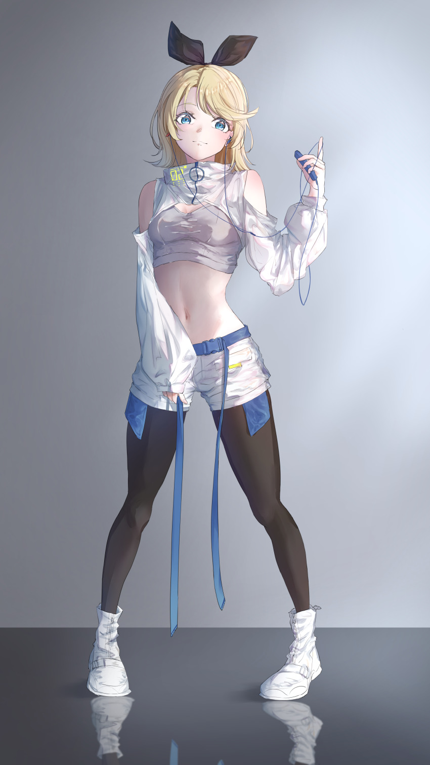 1girl, absurdres, bare_shoulders, black_bow, black_pantyhose, blonde_hair, blue_eyes, bow