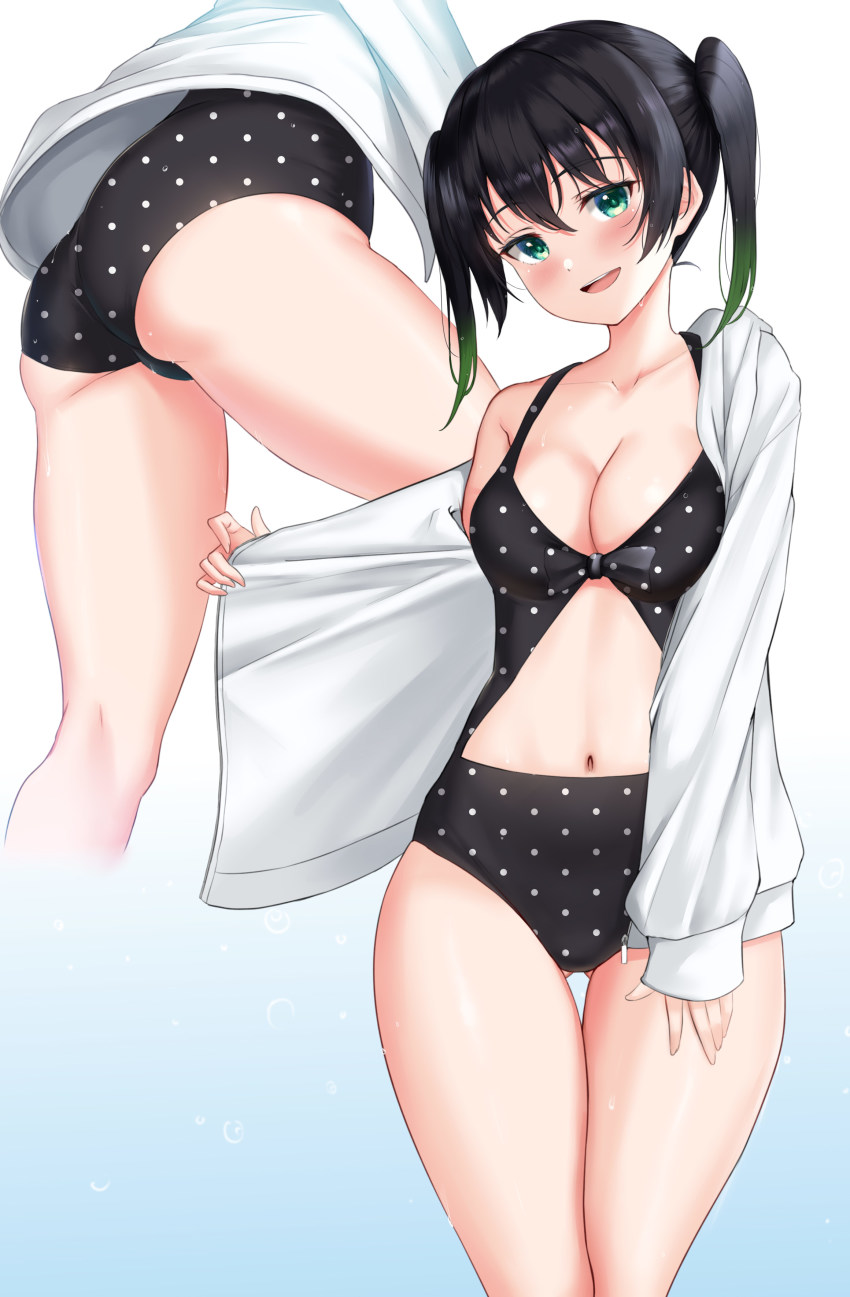 1girl, absurdres, ass, black_hair, black_one-piece_swimsuit, blue_background, breasts, casual_one-piece_swimsuit, cleavage, commentary_request, cowboy_shot, gluteal_fold, gradient_background, green_eyes, highres, jacket, long_hair, looking_at_viewer, love_live!, love_live!_nijigasaki_high_school_idol_club, medium_breasts, medium_hair, multiple_views, navel, one-piece_swimsuit, open_clothes, open_jacket, polka_dot, polka_dot_swimsuit, rama_(yu-light8), swimsuit, takasaki_yu, takasaki_yu_(swimsuit), thigh_gap, white_background, white_jacket
