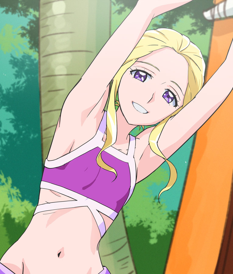 1girl, armpits, arms_up, bikini, blonde_hair, breasts, flat_chest, fuurin_asumi, haruyama_kazunori, healin'_good_precure, looking_at_viewer, medium_breasts, midriff, navel, precure, purple_bikini, purple_eyes, short_hair, smile, solo, swimsuit