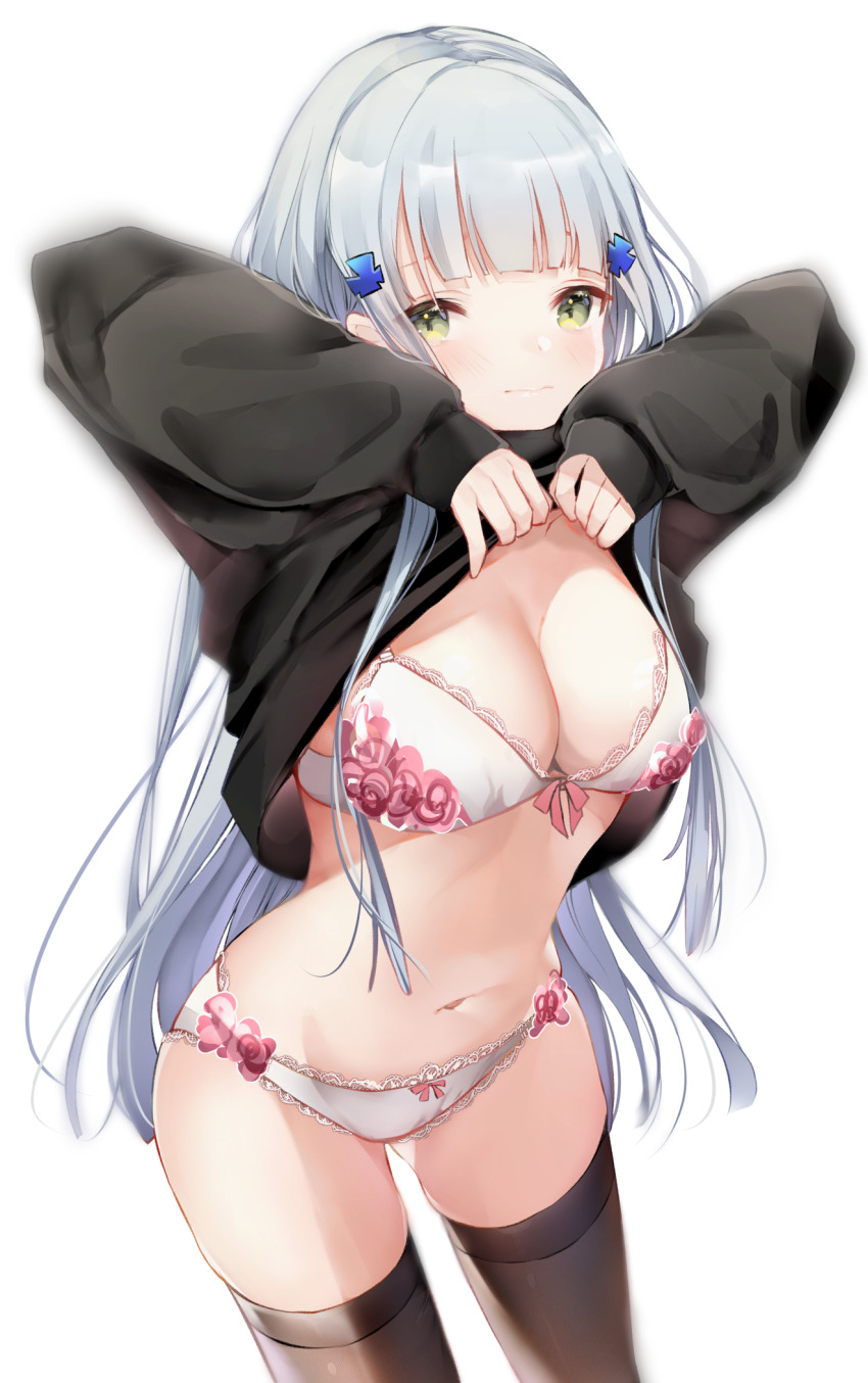 1girl, black_sweater, black_thighhighs, bra, breasts, cleavage, closed_mouth, clothes_lift
