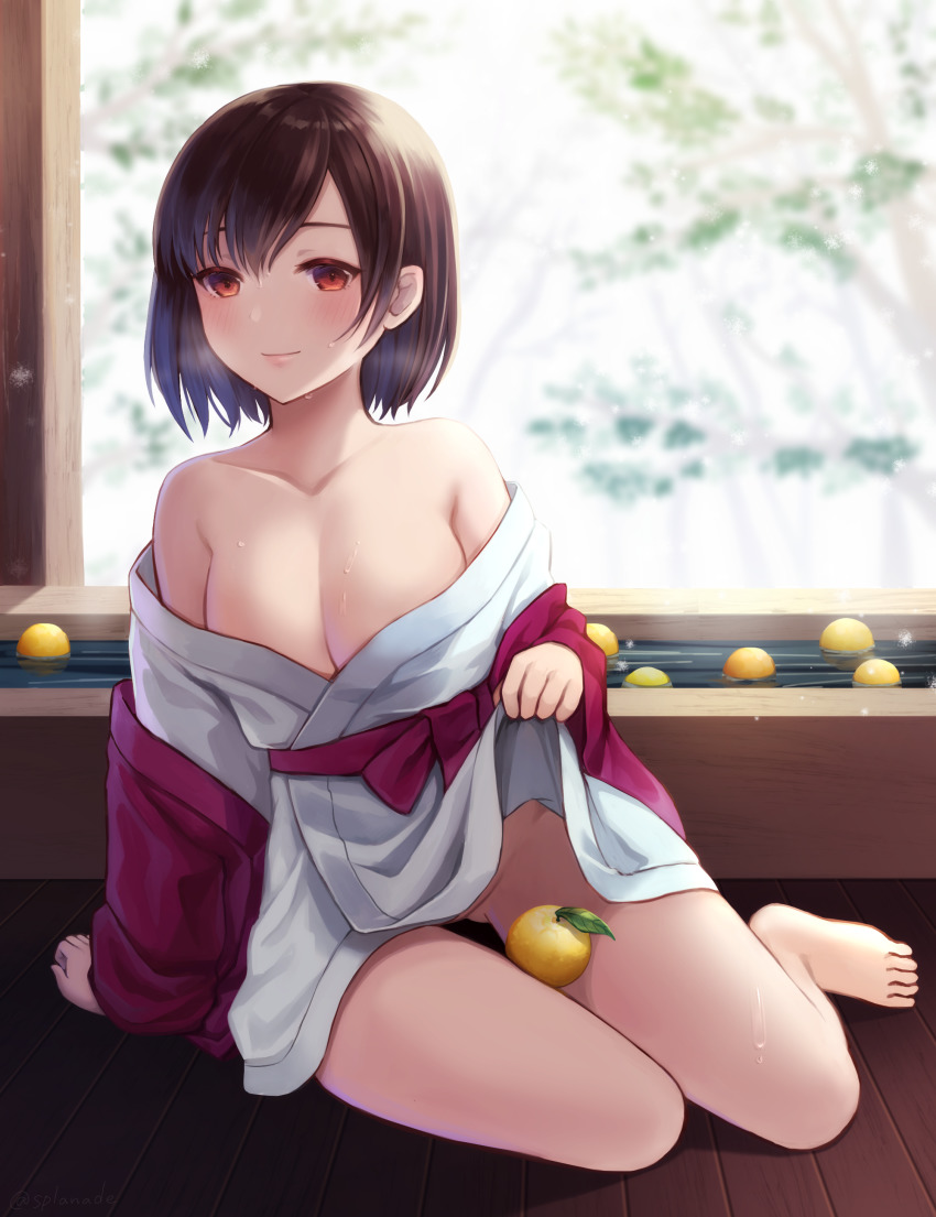 1girl, absurdres, arm_support, bare_shoulders, barefoot, between_legs, blurry, blush