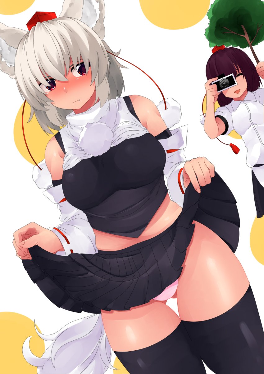 2girls, absurdres, animal_ears, bad_id, bad_twitter_id, black_hair, black_legwear, black_shirt
