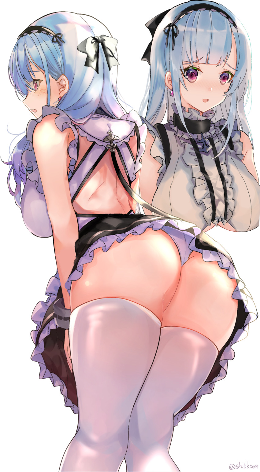1girl, anchor_choker, ass, azur_lane, bad_id, bad_pixiv_id, bare_back, black_bow, black_hairband, black_skirt, blue_hair, bow, breasts, center_frills, choker, clothing_cutout, dido_(azur_lane), earrings, frilled_choker, frilled_shirt, frilled_skirt, frills, hair_bow, hairband, heart, heart_earrings, highres, jewelry, large_breasts, looking_at_viewer, multiple_views, panties, red_eyes, shibaebi_(yasaip_game), shirt, skindentation, skirt, sleeveless, sleeveless_shirt, thighhighs, underboob, underboob_cutout, underwear, white_panties, white_shirt, white_thighhighs
