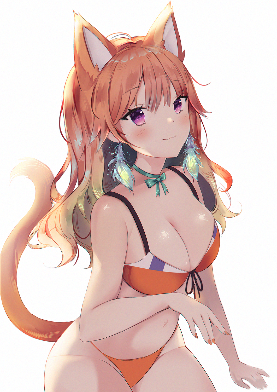 1girl, :3, animal_ear_fluff, animal_ears, anyuu, bare_arms, bare_shoulders, bikini