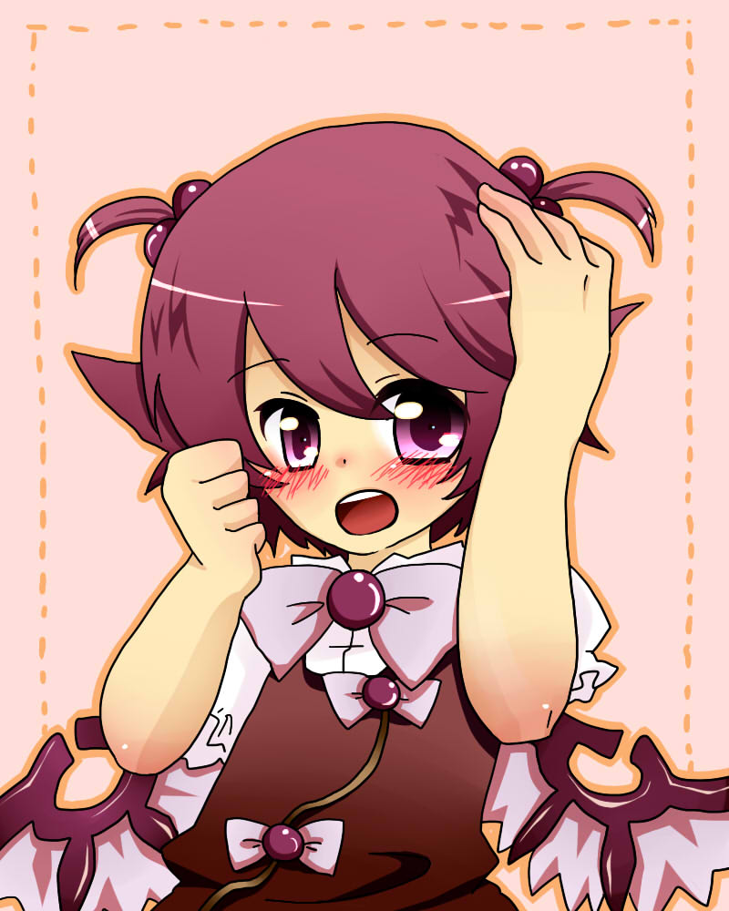 1girl, blush, female_focus, hand_on_own_head, motsu_nikomi, mystia_lorelei, purple_eyes, purple_hair