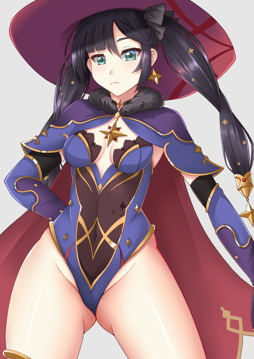1girl, aqua_eyes, black_hair, blunt_bangs, blush, breasts, cape, choker, commentary_request, contrapposto, covered_navel, earrings, elbow_gloves, fur_trim, genshin_impact, gloves, gluteal_fold, groin, hair_ornament, hand_on_own_hip, hat, highres, jewelry, leotard, long_hair, looking_at_viewer, mona_(genshin_impact), red_cape, sano_souichi, see-through_clothes, see-through_leotard, small_breasts, solo, star_(symbol), star_earrings, swept_bangs, thigh_gap, twintails, two-sided_cape, two-sided_fabric, witch_hat