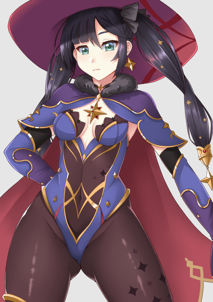 1girl, aqua_eyes, black_hair, blunt_bangs, blush, bodystocking, breasts, cape, choker, commentary_request, contrapposto, covered_navel, earrings, elbow_gloves, fur_trim, genshin_impact, gloves, gluteal_fold, groin, hair_ornament, hand_on_own_hip, hat, highres, jewelry, leotard, long_hair, looking_at_viewer, mona_(genshin_impact), red_cape, sano_souichi, small_breasts, solo, star_(symbol), star_earrings, swept_bangs, thigh_gap, twintails, two-sided_cape, two-sided_fabric, witch_hat