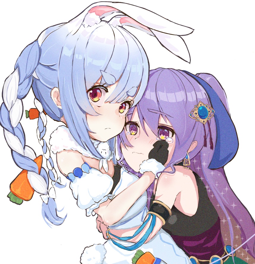 2girls, animal_ears, arabian_clothes, belt, black_gloves, blue_hair, braid, carrot