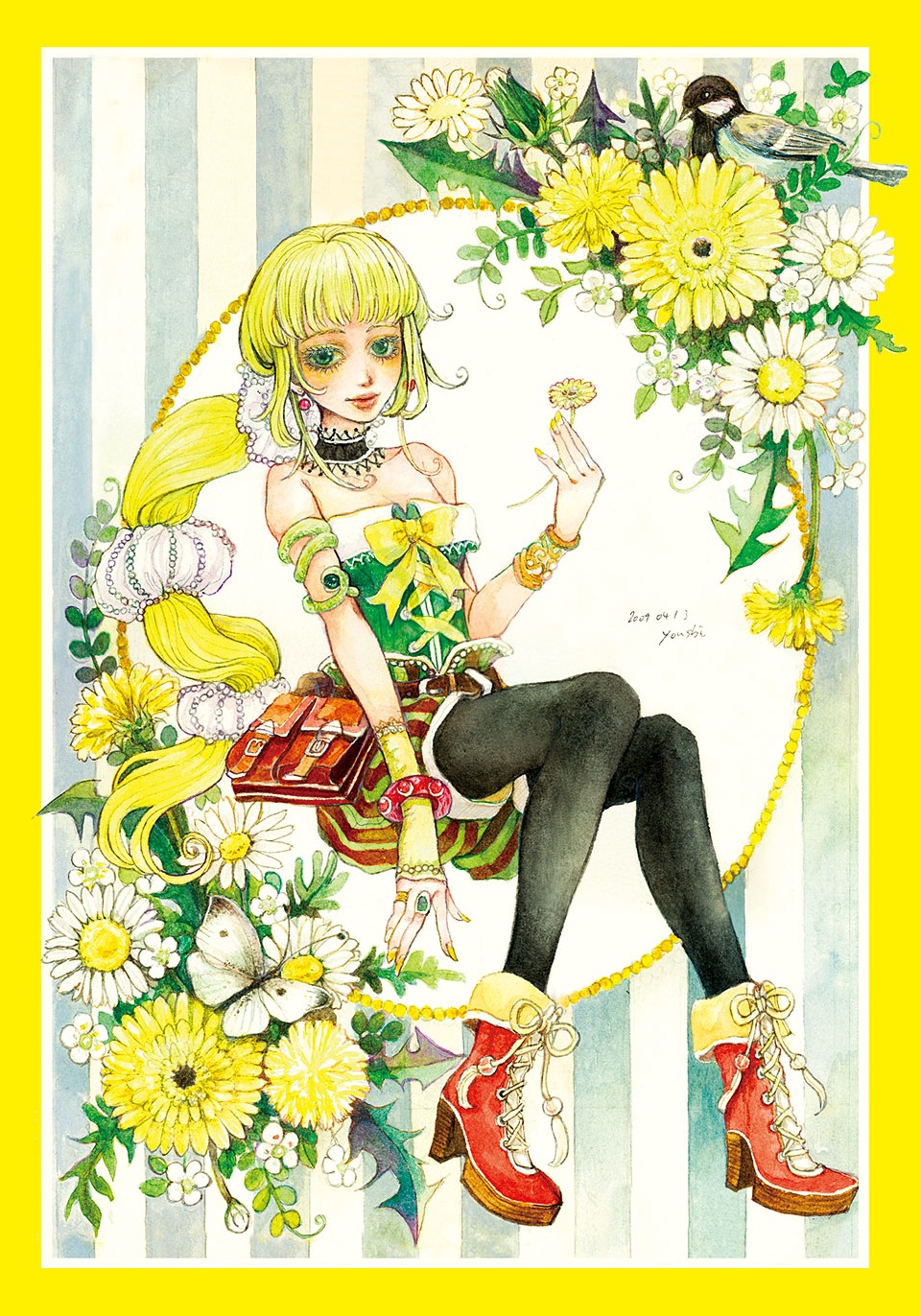 1girl, blonde_hair, boots, bracer, female_focus, flower, highres, lips