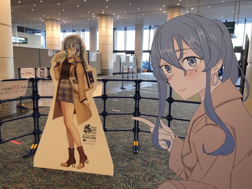 1girl, absurdres, alternate_costume, anotsugini_kuruji, blue_hair, blush, brown_coat, casual, coat, commentary, earrings, gotland_(kancolle), gotland_(kure)_(kancolle), hair_between_eyes, highres, jewelry, kantai_collection, long_hair, looking_at_viewer, meta, mole, mole_under_eye, official_alternate_costume, pacifico_yokohama, photo_background, pointing, ponytail, sidelocks, smile