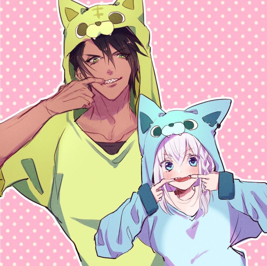 1boy, 1girl, aragami_oga, black_hair, black_shirt, blue_eyes, blue_hoodie, braid