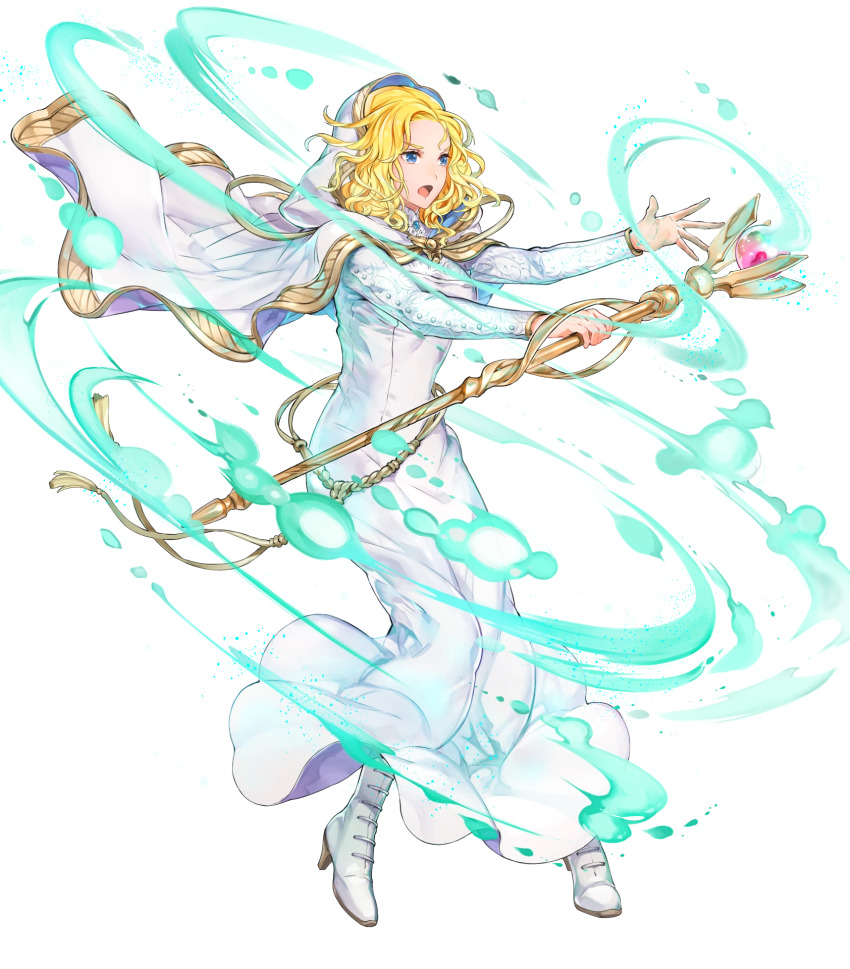 1girl, belt, blonde_hair, blue_eyes, boots, breasts, cape, dress