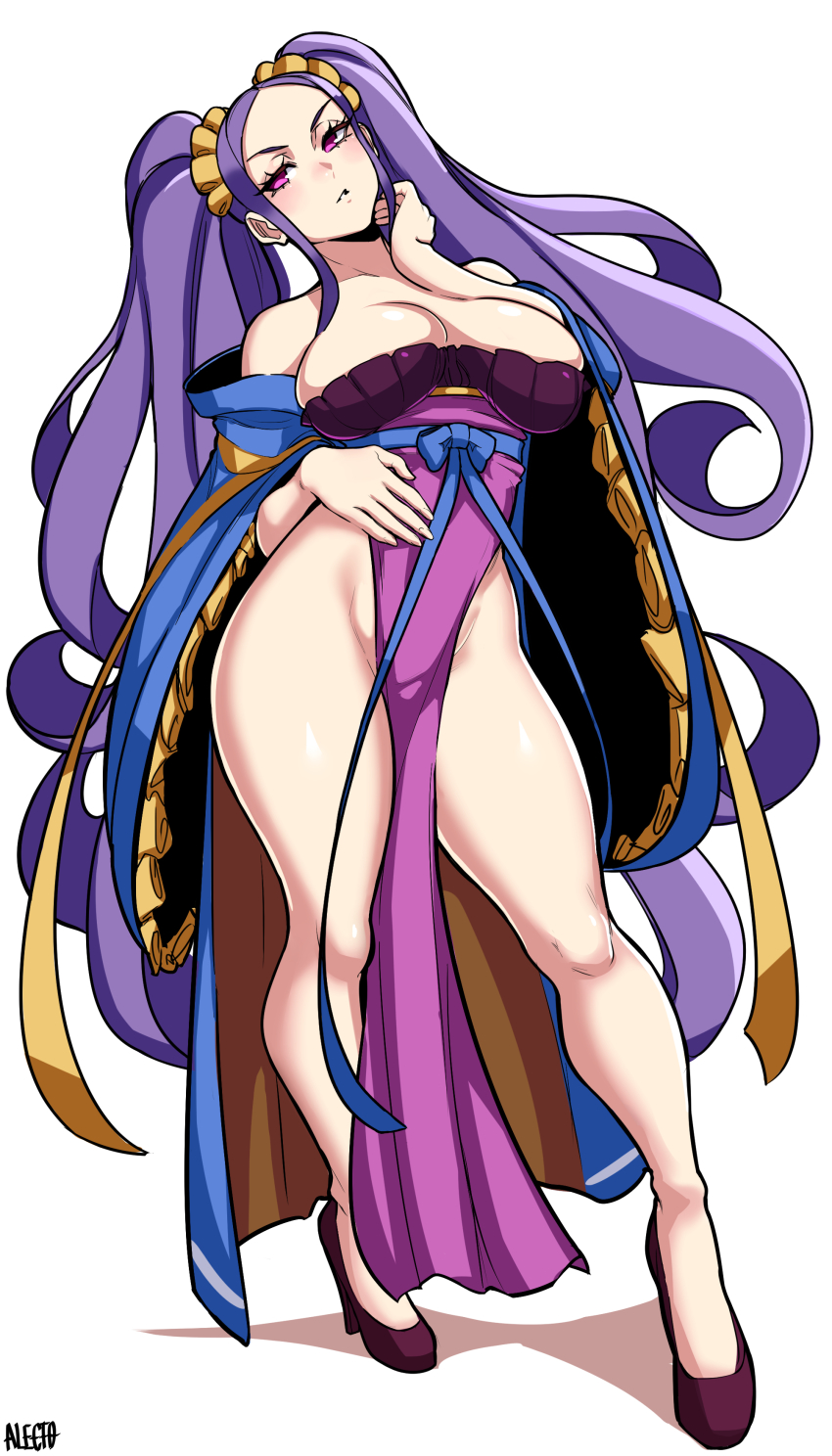 1girl, absurdres, aged_up, alecto_0, alternate_breast_size_(larger), bare_shoulders, blush, breasts, chinese_clothes, cleavage, closed_mouth, dress, fate/grand_order, fate_(series), forehead, full_body, hair_ornament, hair_scrunchie, hanfu, high_heels, highres, large_breasts, legs, long_hair, long_sleeves, looking_at_viewer, off_shoulder, parted_bangs, pelvic_curtain, purple_dress, purple_hair, qixiong_ruqun, scrunchie, simple_background, solo, thighs, very_long_hair, white_background, wide_sleeves, wu_zetian_(fate), wu_zetian_(first_ascension)_(fate), yellow_scrunchie