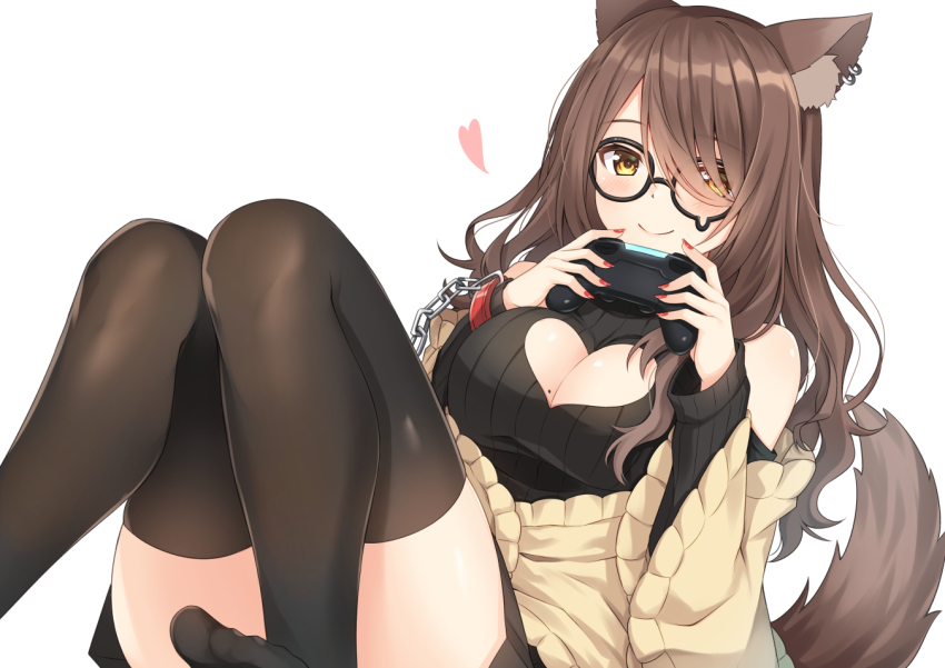 1girl, bare_shoulders, black-framed_eyewear, black_skirt, black_sleeves, black_sweater, blush, breasts
