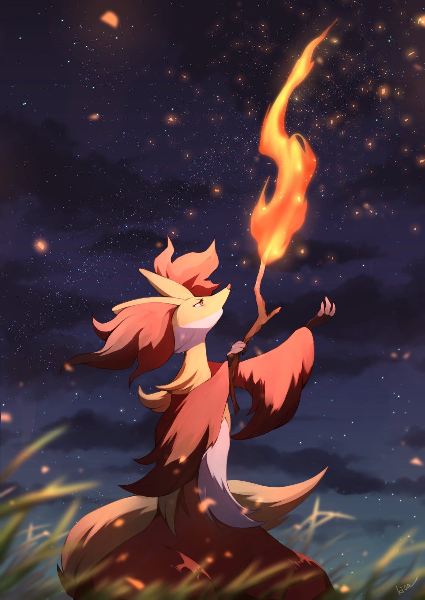 absurdres, animal_ear_fluff, body_fur, cloud, commentary_request, delphox, eyelashes, fire