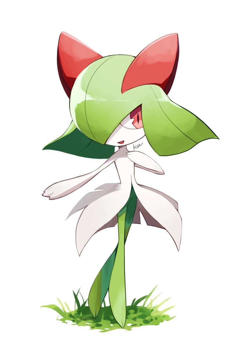 absurdres, commentary, full_body, gen_3_pokemon, grass, hand_up, highres, kirlia