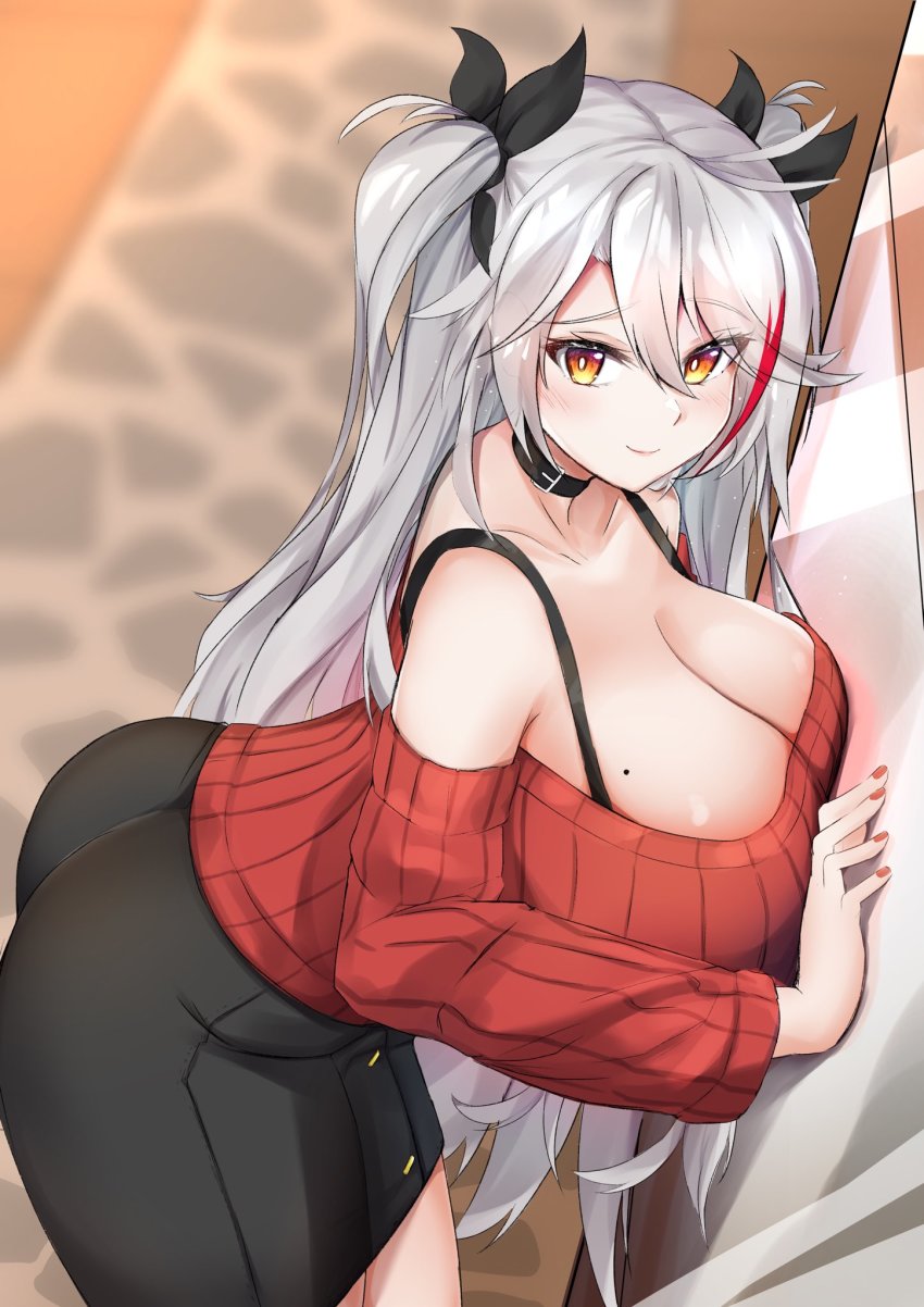 1girl, azur_lane, bare_shoulders, black_choker, black_skirt, blurry, blurry_background, bra_strap, breasts, casual, choker, cleavage, closed_mouth, commentary_request, hair_between_eyes, hair_ribbon, highres, huge_breasts, j_yak47, leaning_forward, long_hair, looking_at_viewer, miniskirt, mole, mole_on_breast, multicolored_hair, nail_polish, off-shoulder_sweater, off_shoulder, prinz_eugen_(azur_lane), red_nails, red_sweater, ribbed_sweater, ribbon, silver_hair, skirt, smile, streaked_hair, sweater, two_side_up, yellow_eyes