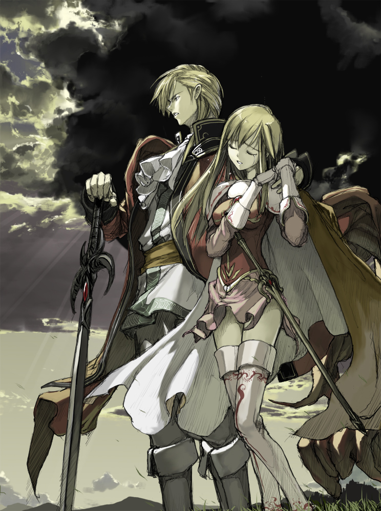 1boy, 1girl, blonde_hair, boots, brother_and_sister, cape, closed_eyes, cloud, cloudy_sky, couple, dappled_sunlight, eldigan_(fire_emblem), fire_emblem, fire_emblem:_genealogy_of_the_holy_war, gloves, hand_on_hilt, hetero, lachesis_(fire_emblem), light_rays, nakabayashi_reimei, nintendo, outdoors, profile, sheath, sheathed, siblings, sky, sunbeam, sunlight, sword, tears, thighhighs, weapon