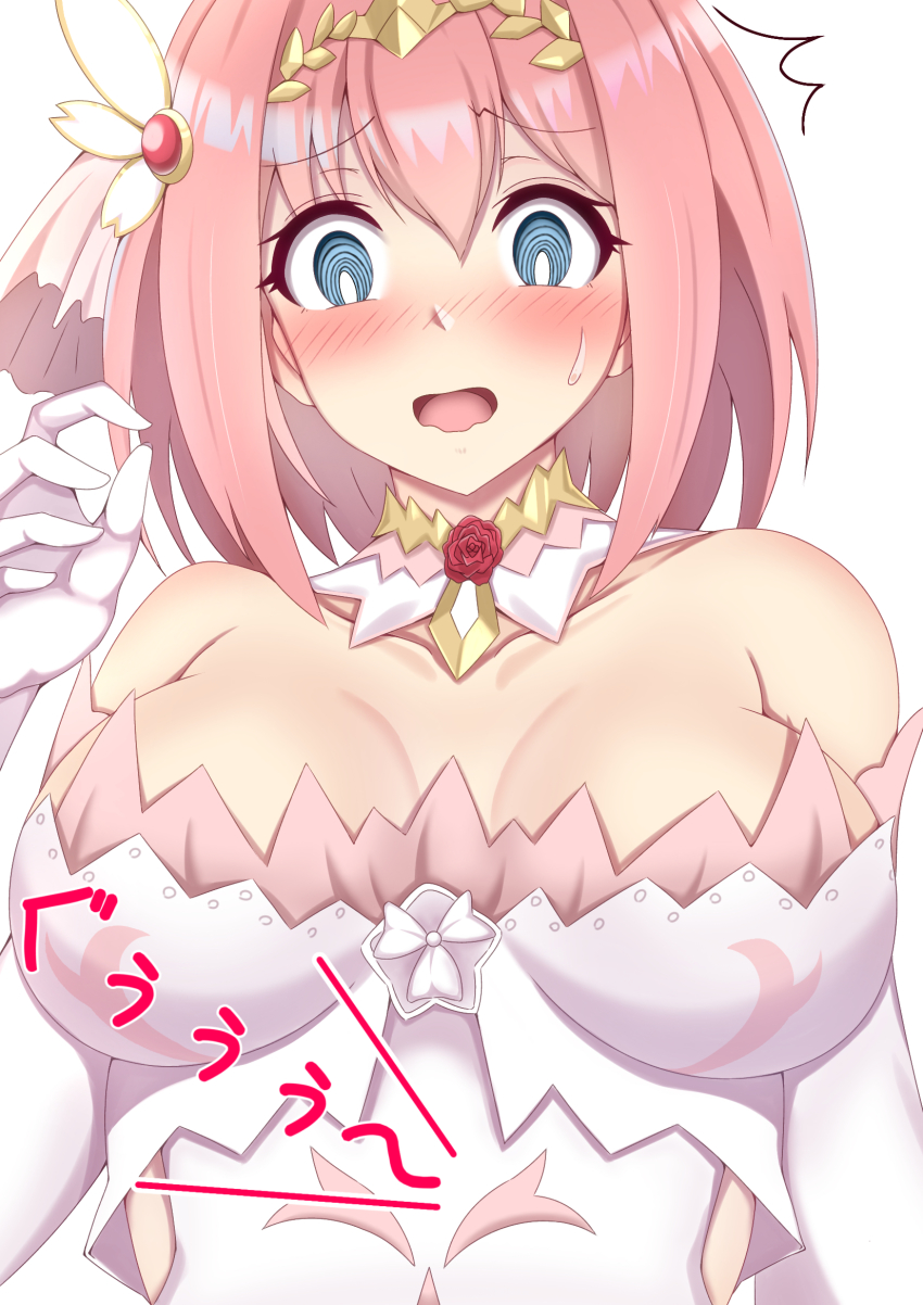 1girl, @_@, ^^^, bare_shoulders, blue_eyes, blush, bob_cut, breasts