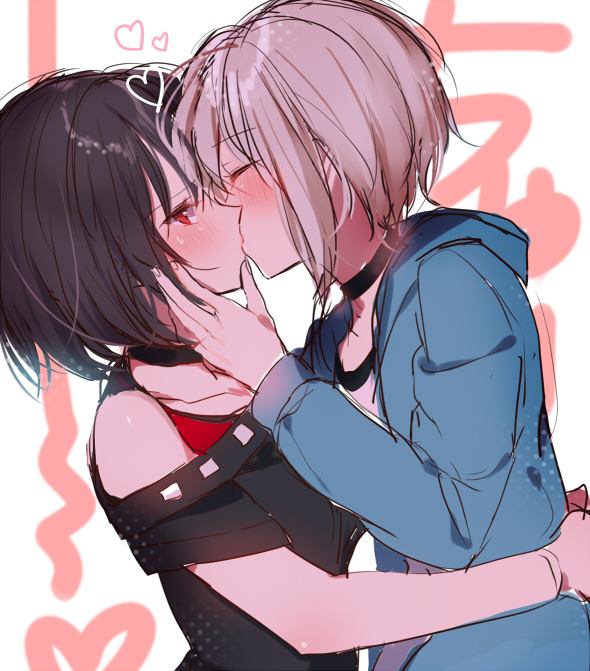 2girls, aoba_moca, arms_around_another's_waist, bang_dream!, bang_dream!_girls_band_party!, black_hair, blush, closed_eyes