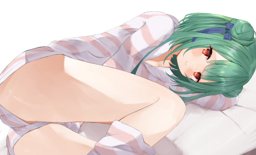1girl, absurdres, bed, blush, check_commentary, closed_mouth, commentary_request, double_bun