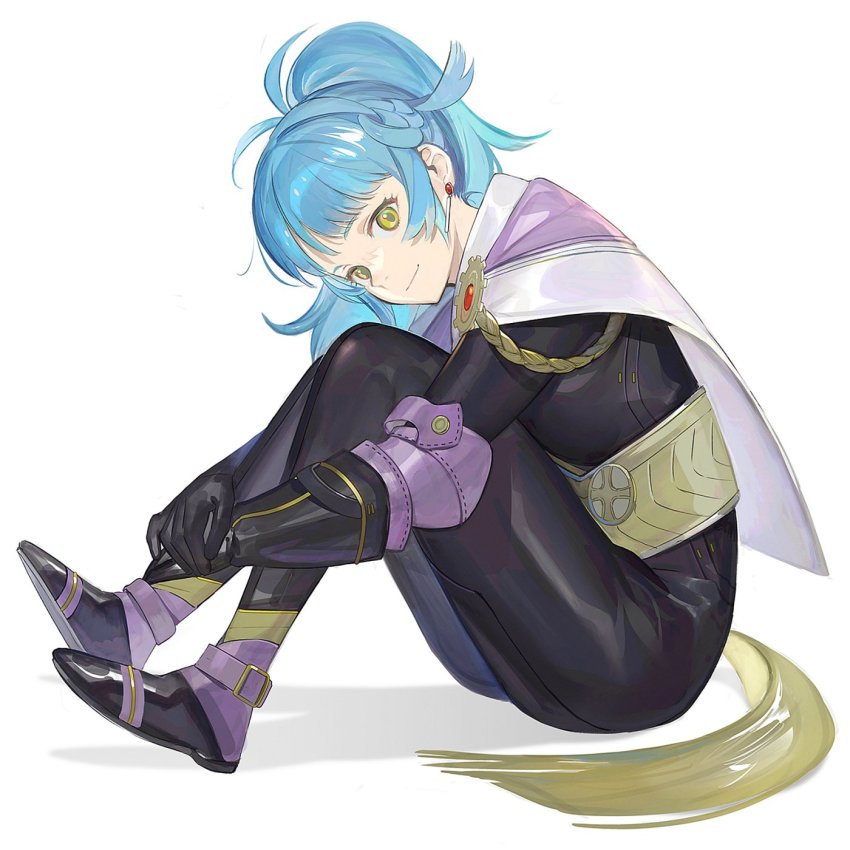 1girl, ahoge, black_bodysuit, black_gloves, blue_hair, bodysuit, cape, closed_mouth, commentary, earrings, english_commentary, fire_emblem, fire_emblem_heroes, gloves, green_eyes, head_tilt, highres, jewelry, kyufe, long_hair, long_sleeves, looking_at_viewer, nintendo, ponytail, reginn_(fire_emblem), simple_background, sitting, smile, solo, white_background, white_cape