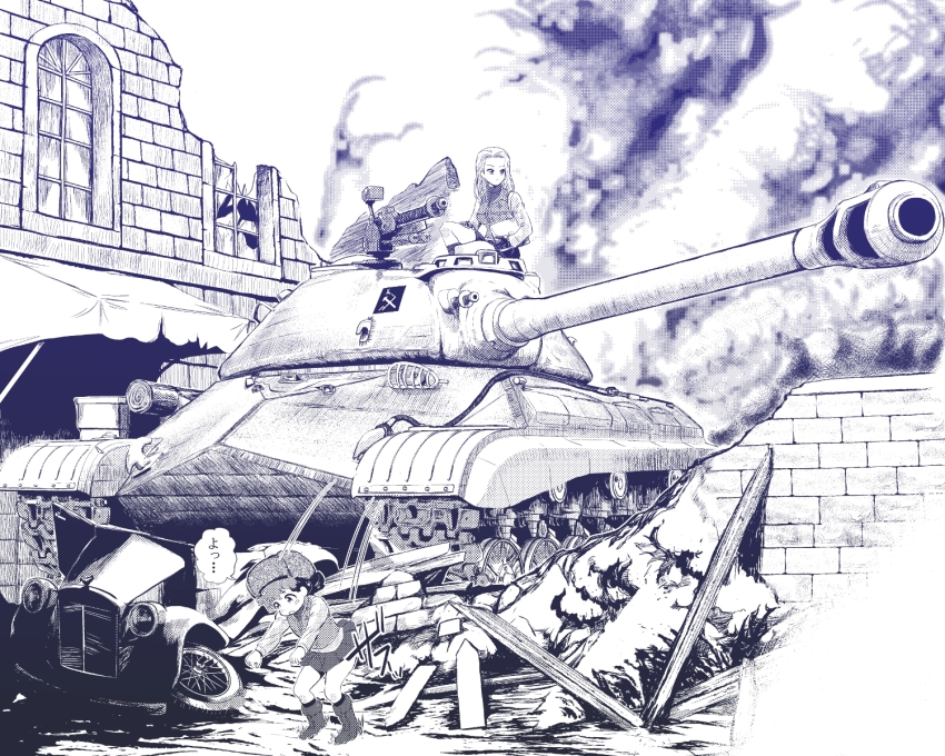 2girls, blush_stickers, boots, building, car, clara_(girls_und_panzer), clipboard, closed_mouth, commentary, destruction, emblem, fur_hat, girls_und_panzer, gloves, greyscale, gun, hat, highres, holding, holding_clipboard, jacket, jumping, knee_up, long_hair, long_sleeves, low_twintails, machine_gun, medium_hair, military, military_uniform, military_vehicle, miniskirt, monochrome, motor_vehicle, multiple_girls, nina_(girls_und_panzer), open_mouth, outdoors, pleated_skirt, pravda_(emblem), pravda_military_uniform, shirt, short_twintails, sitting, skirt, smoke, t-10, tank, turtleneck, twintails, ushanka, vehicle_focus, vest, weapon, yoyokkun