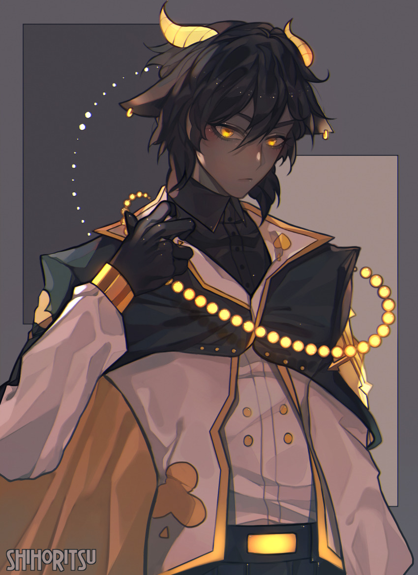 1boy, animal_ears, artist_name, belt, black_gloves, black_hair, black_pants, black_shirt, blush, buttons, cape, character_request, closed_mouth, clover, collared_shirt, commentary, commission, copyright_request, dark-skinned_male, dark_skin, demon_boy, dress_shirt, earrings, english_commentary, eyeliner, gloves, glowing, glowing_eyes, goat_ears, hair_between_eyes, highres, horizontal_pupils, horns, jewelry, lapel_pin, lapels, long_sleeves, looking_at_viewer, makeup, male_focus, pants, rectangle, shihoritsu, shirt, shirt_tucked_in, simple_background, solo, upper_body, yellow_eyes