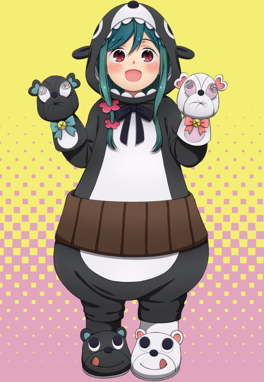 1girl, :d, alternate_hair_color, animal_costume, animal_ears, animal_hood, animal_slippers, bear_costume