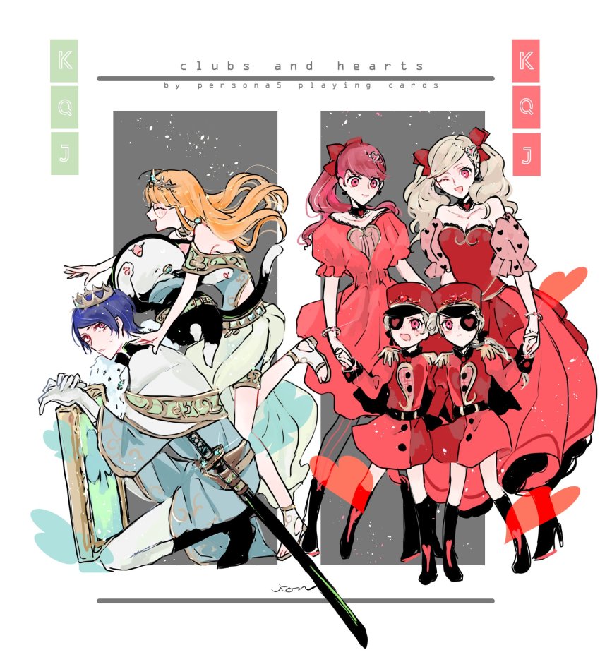2boys, 5girls, bare_arms, bare_legs, bare_shoulders, belt, black_cat, black_footwear, blonde_hair, blue_hair, boots, border, bow, bracelet, cape, caroline_(persona_5), carrying, cat, closed_eyes, clothing_cutout, club_(shape), commentary, confused, crown, dress, english_commentary, english_text, eyepatch, flustered, full_body, gloves, grey_background, hair_bow, hair_ornament, hat, heart, heart_cutout, heart_hair_ornament, high_heel_boots, high_heels, highres, holding_hands, ilohasvio, jewelry, justine_(persona_5), kitagawa_yuusuke, kneeling, locked_arms, looking_back, lying, morgana_(persona_5), multiple_boys, multiple_girls, off_shoulder, on_back, on_one_knee, one_eye_closed, open_mouth, pantyhose, peaked_cap, persona, persona_5, persona_5_the_royal, piggyback, ponytail, puffy_short_sleeves, puffy_sleeves, red_bow, red_dress, red_eyes, red_hair, red_headwear, sakura_futaba, sandals, scabbard, sheath, short_sleeves, simple_background, smile, striped_clothes, striped_legwear, striped_pantyhose, sweatdrop, sword, takamaki_anne, tiara, twintails, vertical-striped_clothes, vertical-striped_pantyhose, weapon, white_gloves, yoshizawa_kasumi