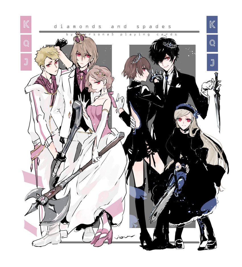 3boys, 3girls, akechi_gorou, amamiya_ren, axe, backless_dress, backless_outfit, bare_back, black_footwear, black_headband, black_legwear, black_neckwear, blonde_hair, boots, border, brass_knuckles, brown_hair, butterfly_hair_ornament, buttons, chainsaw, commentary, crown, diamond_(shape), diamond_button, dress, earrings, elbow_gloves, english_commentary, english_text, formal_clothes, full_body, gloves, grey_background, hair_ornament, hairband, headband, high_heels, highres, holding, holding_axe, holding_chainsaw, holding_knife, holding_lead_pipe, holding_smoking_pipe, ilohasvio, industrial_pipe, jewelry, knife, lavenza_(persona_5), lead_pipe, long_hair, looking_at_viewer, mini_crown, multiple_boys, multiple_girls, necklace, necktie, niijima_makoto, okumura_haru, persona, persona_5, pink_neckwear, pink_shoes, red_eyes, sakamoto_ryuuji, shoes, short_hair, signature, simple_background, sleeves_rolled_up, smile, smirk, smoking_pipe, spade_(shape), suit, thigh_boots, thighhighs, tiara, weapon, white_footwear, white_gloves, white_suit
