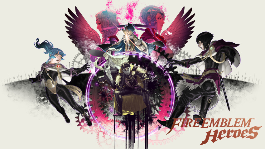 3boys, 4girls, alfonse_(fire_emblem), armor, black_bodysuit, black_footwear, black_gloves, black_hair