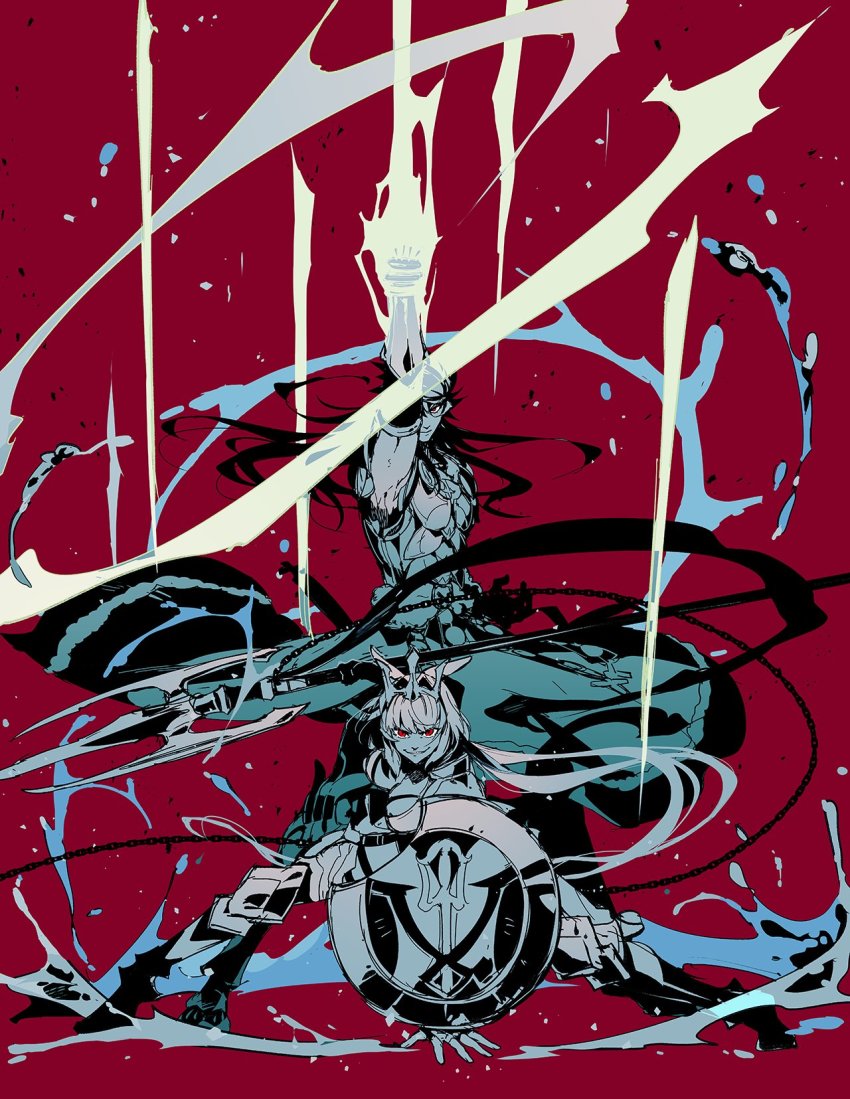 1boy, 1girl, animal_ears, arm_up, armor, boots, breasts, caenis_(fate)