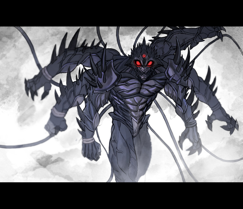 arm_blade, blue_skin, claws, colored_skin, compound_eyes, extra_arms, fins, glowing, glowing_eyes, highres, horns, kamen_rider, kamen_rider_amazon_neo, kamen_rider_amazons, letterboxed, monster, no_humans, red_eyes, sharp_teeth, teeth, tentacles, tokusatsu, vulcan_(ejel2000), weapon