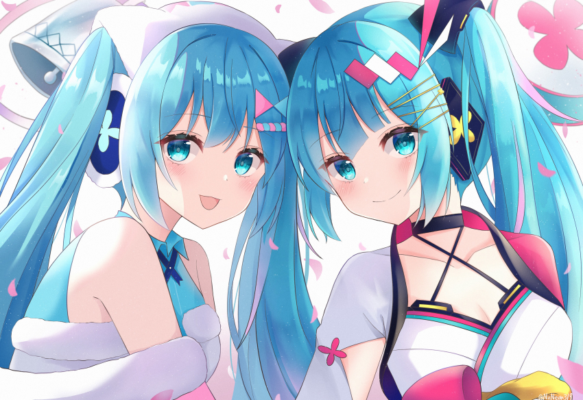 2girls, absurdres, aqua_eyes, aqua_hair, bare_shoulders, bell, blunt_bangs, cherry_blossom_print