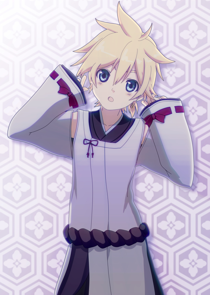 1boy, kagamine_len_(indigo), blonde_hair, blue_eyes, commentary, cowboy_shot, detached_sleeves, hands_up