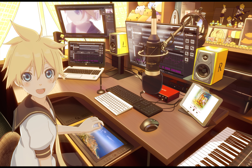 1boy, black_collar, blonde_hair, blue_eyes, collar, commentary, computer, computer_keyboard