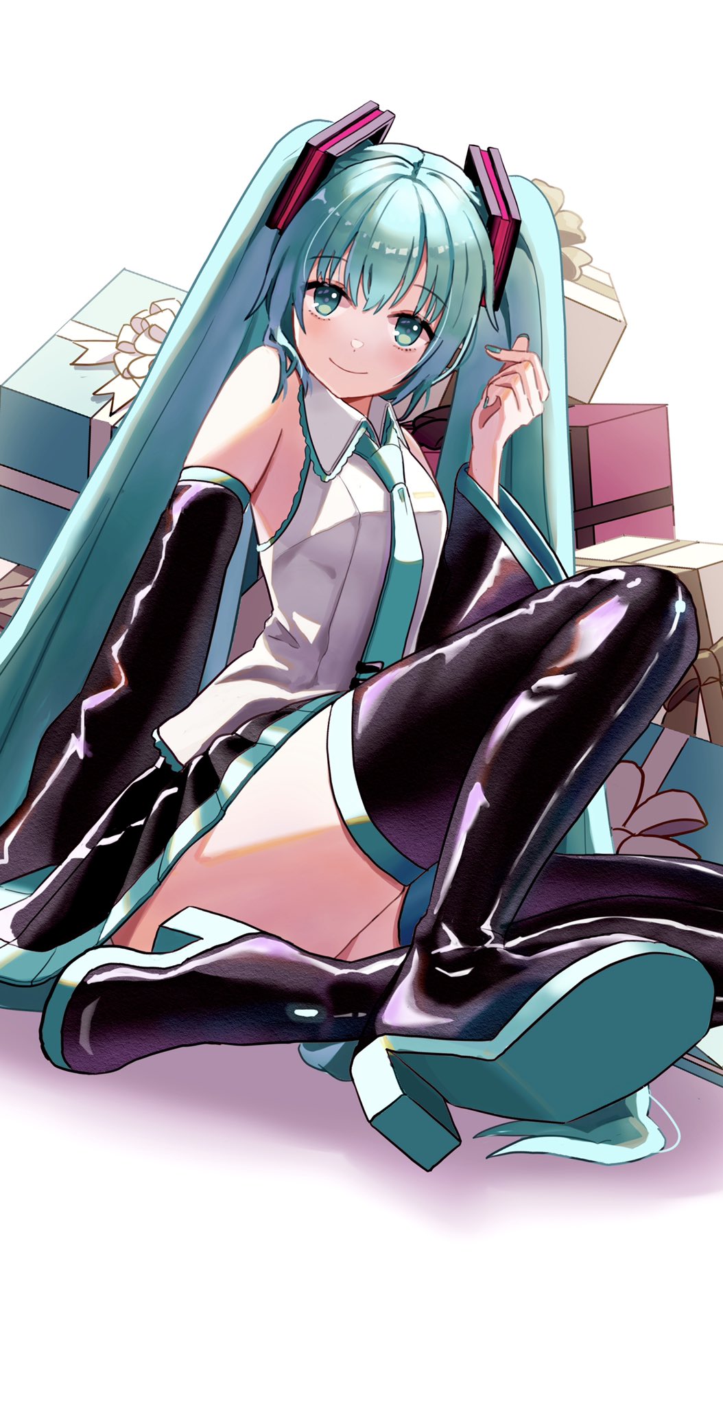 1girl, aqua_eyes, aqua_hair, aqua_nails, aqua_necktie, bare_shoulders, birthday, black_skirt, black_sleeves, black_thighhighs, boots, box, commentary, detached_sleeves, foreshortening, gift, gift_box, grey_shirt, hair_ornament, hand_up, hatsune_miku, headphones, high_heels, highres, knee_up, long_hair, looking_at_viewer, macha_3939, miniskirt, nail_polish, necktie, pleated_skirt, shirt, sitting, skirt, sleeveless, sleeveless_shirt, smile, solo, thigh_boots, thighhighs, twintails, very_long_hair, vocaloid, white_background