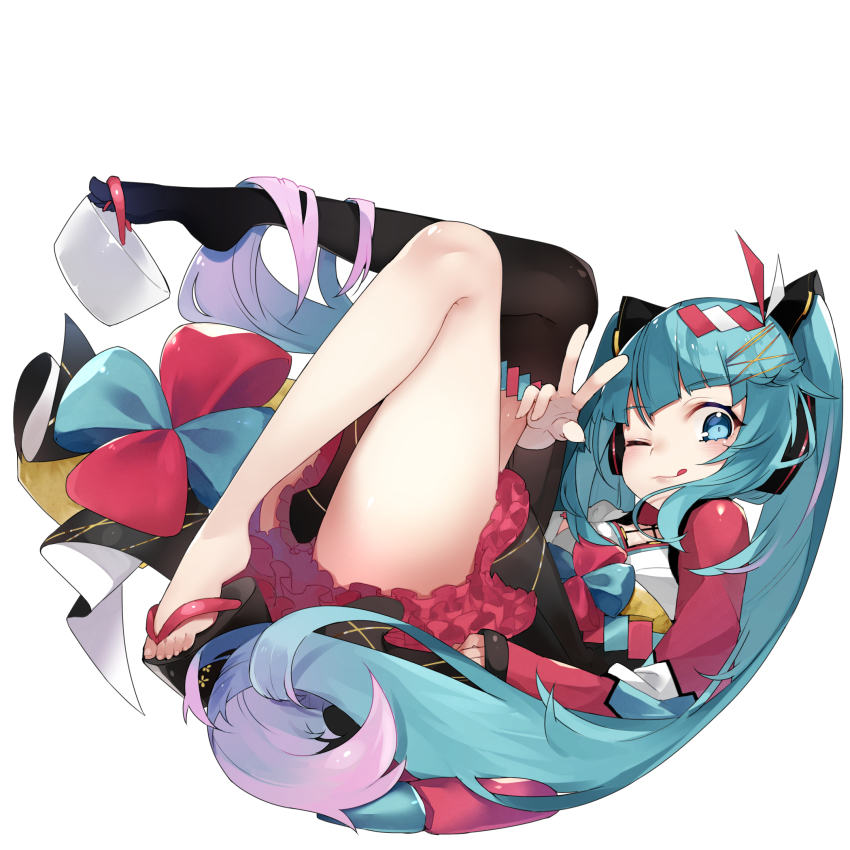 1girl, aqua_eyes, aqua_hair, black_skirt, black_thighhighs, blunt_bangs, commentary, frilled_skirt