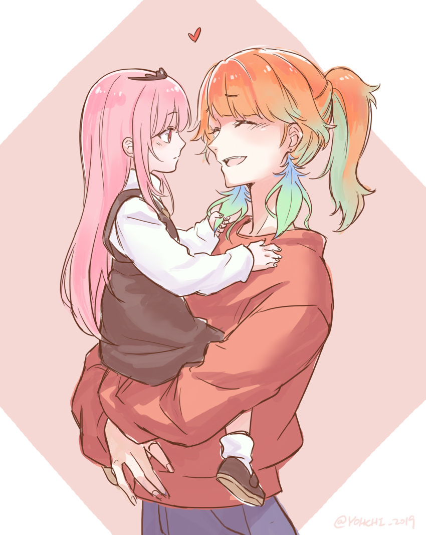 2girls, aged_down, alternate_costume, alternate_hairstyle, black_skirt, black_vest, blue_hair, blue_pants