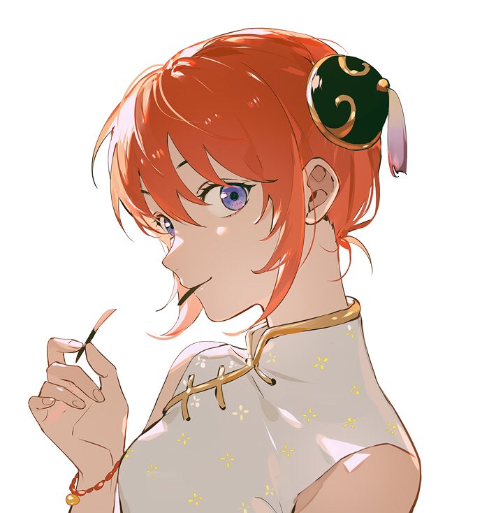 1girl, bun_cover, china_dress, chinese_clothes, closed_mouth, collar, collared_dress, dress, from_side, gintama, hair_between_eyes, hair_ornament, holding, kagura_(gintama), looking_at_viewer, maosen, orange_hair, purple_eyes, short_hair, simple_background, sleeveless, sleeveless_dress, smile, solo, upper_body, white_background, white_dress