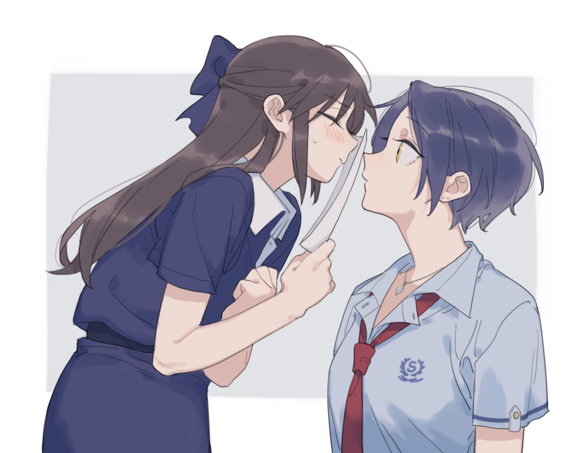 2girls, age_difference, ahn, blue_dress, blue_hair, blue_shirt, blush, brown_hair