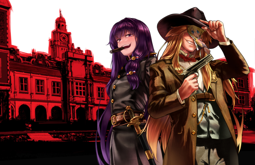 1boy, 1girl, adjusting_clothes, adjusting_headwear, belt, black_coat, blonde_hair, bow, bowtie, brown_belt, brown_coat, brown_headwear, building, buttons, cigar, clock, coat, commentary_request, cookie_(touhou), cowboy_hat, cowboy_shot, cowboy_western, crossover, genderswap, genderswap_(ftm), green_vest, gun, handgun, hat, hazuna_rio, holding, holding_gun, holding_weapon, jacket, kirisame_marisa, long_hair, looking_at_viewer, megafaiarou_(talonflame_810), open_clothes, open_jacket, open_mouth, patchouli_knowledge, pistol, popped_collar, purple_eyes, purple_hair, rapier, red_dead_redemption, red_dead_redemption_(series), red_neckwear, red_theme, scabbard, sheath, sheriff_badge, shirt, sidelocks, sky, smile, standing, sword, taisa_(cookie), teeth, touhou, vest, weapon, white_shirt, white_sky, window
