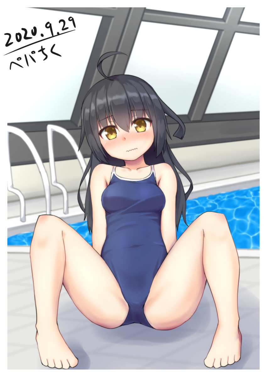 1girl, ahoge, bare_legs, black_hair, blue_one-piece_swimsuit, blush, breasts, competition_school_swimsuit, competition_swimsuit, crescent_moon, dated, embarrassed, hair_between_eyes, highres, indoors, kantai_collection, long_hair, mikazuki_(kancolle), moon, new_school_swimsuit, one-piece_swimsuit, pepatiku, pool, rei_no_pool, school_swimsuit, sitting, small_breasts, solo, swimsuit, water, wavy_mouth, window, yellow_eyes