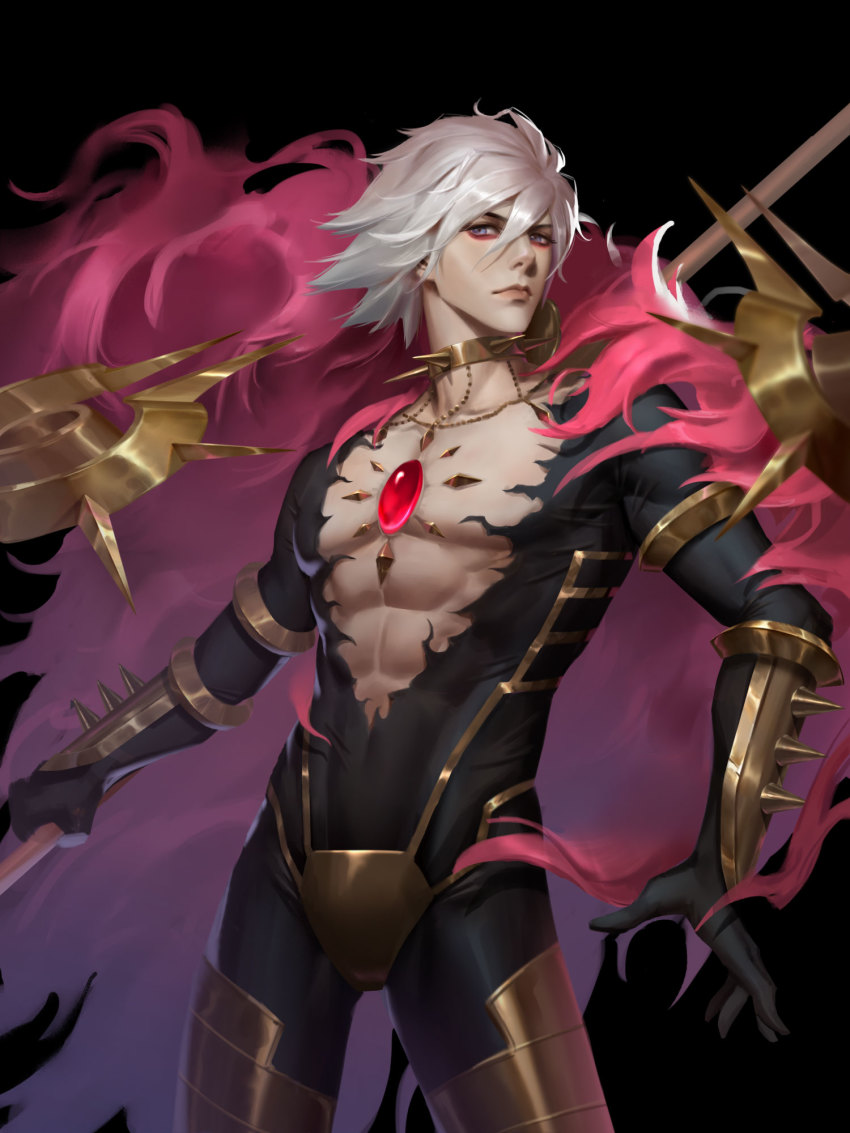 1boy, bishounen, blue_eyes, choker, closed_mouth, collarbone, fate/grand_order, fate_(series), floating, gem, gold, hair_between_eyes, highres, holding, holding_polearm, holding_weapon, karna_(fate), male_focus, pectorals, polearm, solo, spiked_choker, spikes, stan., vambraces, weapon, white_hair