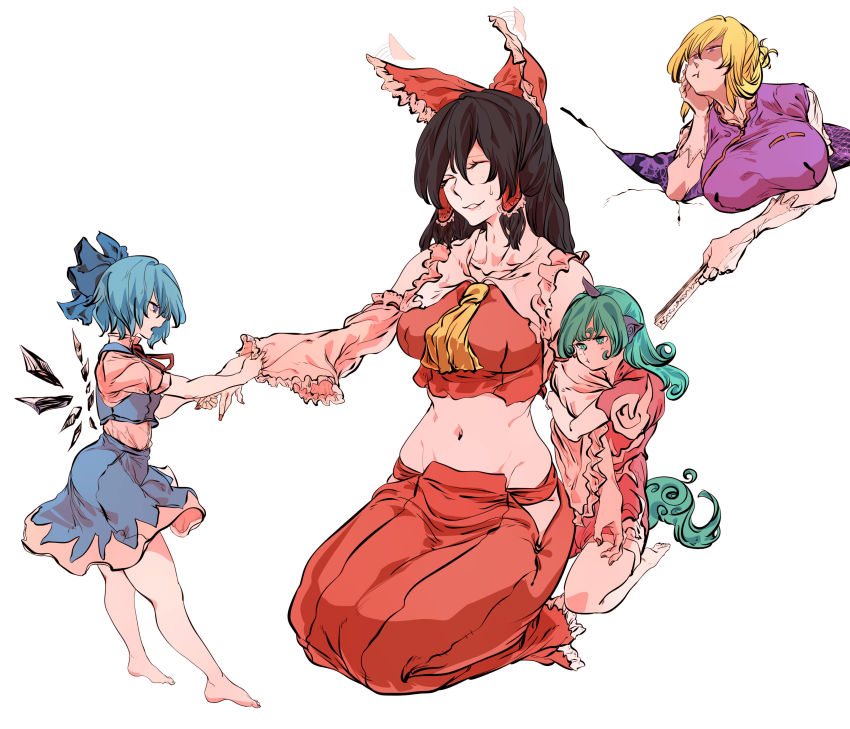 4girls, absurdres, adapted_costume, alternate_hairstyle, alternate_sleeve_length, aqua_eyes, aqua_hair, arm_hug