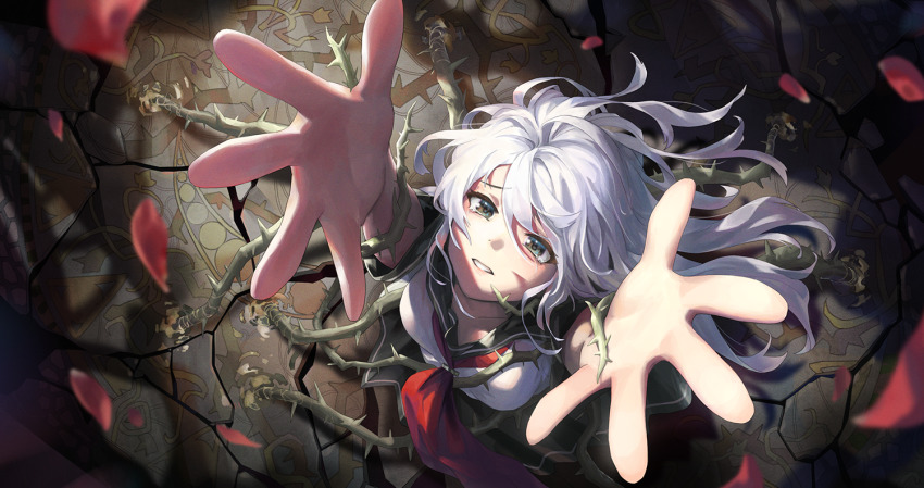 1girl, arms_up, black_skirt, breasts, broken, commentary_request, danganronpa_another, floating_hair