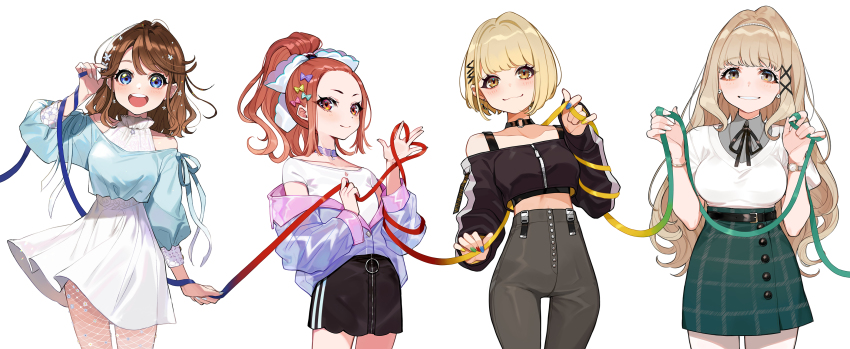 4girls, :d, absurdres, bare_shoulders, belt, belt_buckle, black_belt, black_choker