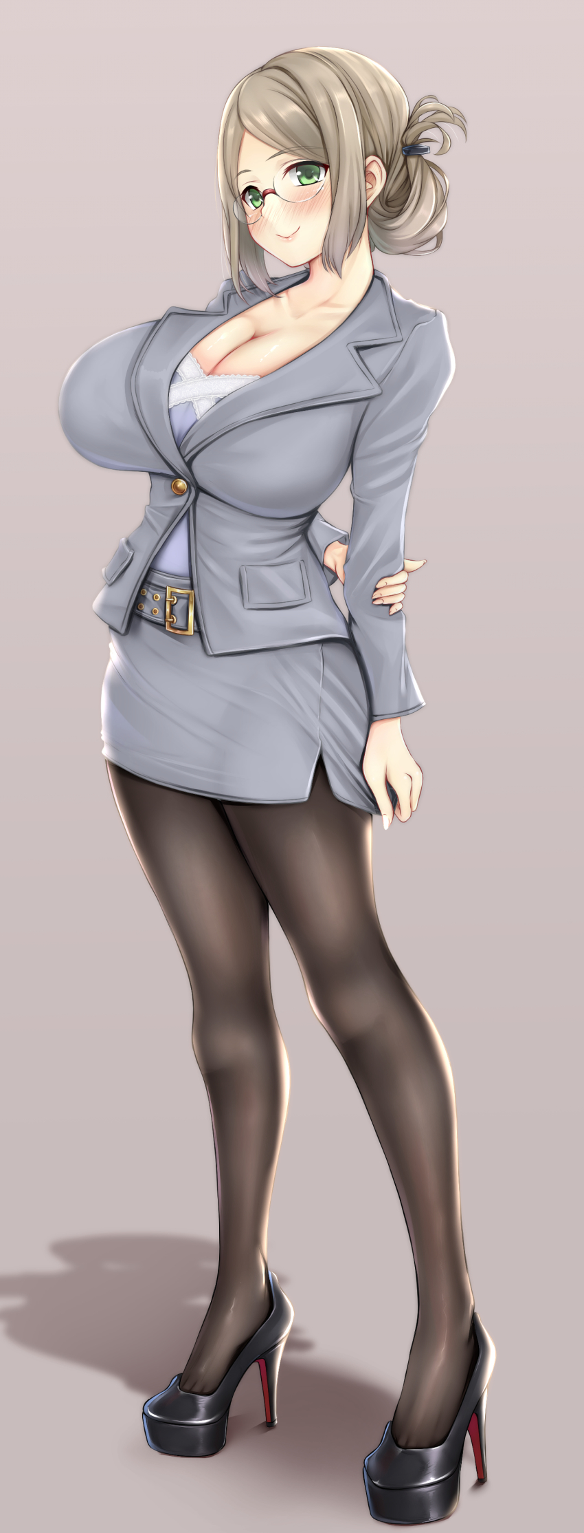 1girl, absurdres, arms_behind_back, belt, black_footwear, black_pantyhose, blonde_hair, blush